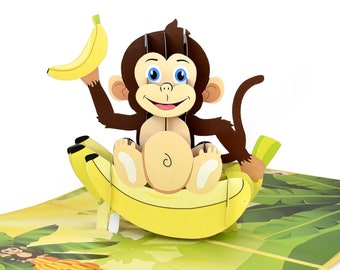 Baby Monkey Pop Up Card for Kids Animal Lovers, 3D Birthday Cards