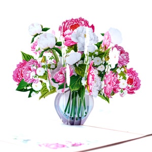 Carte pop-up bouquet de fleurs de pivoine rose, carte de voeux 3D pour anniversaire, fête des mères, Saint-Valentin, félicitations, toutes les occasions.