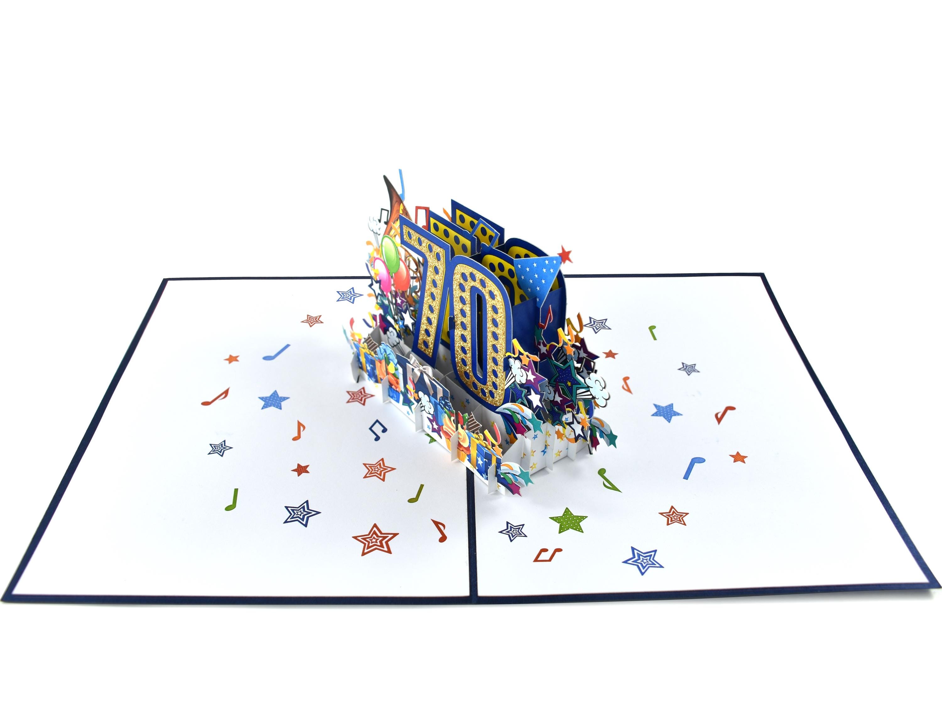 70th Birthday Card, Blue and Gold Pop up Birthday Card, Happy Birthday ...