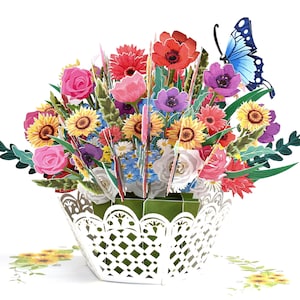 Carte d'anniversaire pop-up 3D panier de fleurs mélangées, carte de fête des mères, carte d'anniversaire, carte de Saint Valentin, carte de félicitations, carte de printemps