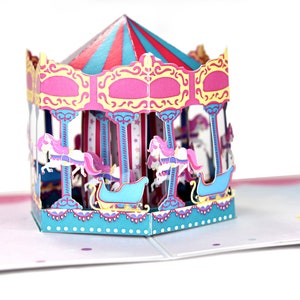 Carte de voeux pop-up carrousel rose et poneys, carte d'anniversaire pour enfants