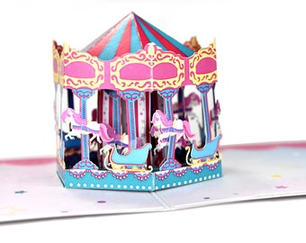 Pink Carousel and Ponies Pop Up Greeting Card, Birthday Card for Children