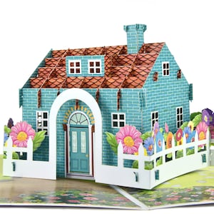 Tarjeta desplegable de casa azul para felicitaciones por un nuevo hogar, inauguración de la casa, día de la madre, día del padre, cumpleaños y todas las ocasiones