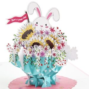 Carte pop-up Lapin en fleurs, carte d'anniversaire 3D, carte de fête des mères