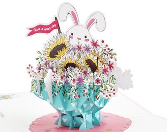 Rabbit in Flower Cup Pop Up Card, 3D Birthday Card, Mothers Day Card