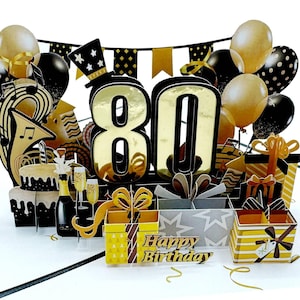 Carte de voeux pop-up 3D dorée pour fêter son 80e anniversaire. Joyeux anniversaire pour homme et femme