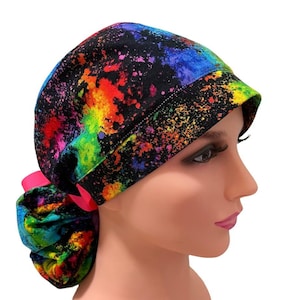 Colorful paint splatter and rainbow fusion ponytail, bouffant, scrub hat, scrub cap