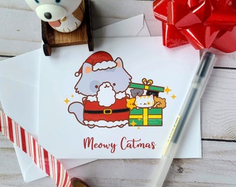 Meowy Catmas A2 Greeting Card | Meowy Christmas | Christmas Cat | Cat Lovers Gift | Santa Kitty | Santa Cat Artwork | Cute A2 Winter Card