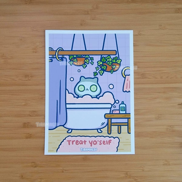 Treat Yo'Self Art Print | Cozy Cute Cat Illustration | Self Love and Positive Affirmations | Kawaii Animal Wall Decoration