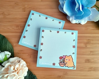 春の猫と花のメモ帳 | 手作りのノンスティックメモパッド | かわいい春をテーマにしたメモ帳 | 花をテーマにした文房具