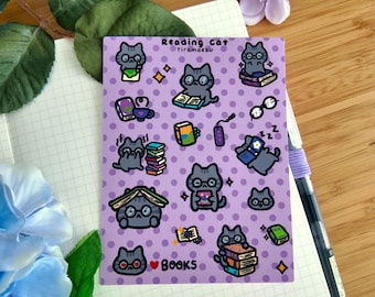 Lesende Katze Sticker Blatt | Bücherwurm Sticker | Lustige Katzenaufkleber | Farbige und ungefärbte Katzen Sticker