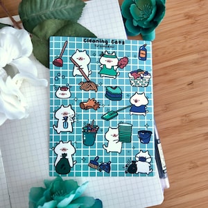 Cleaning Cats Sticker Sheet | Cute small deco stickers for planners, journaling, scrapbooking