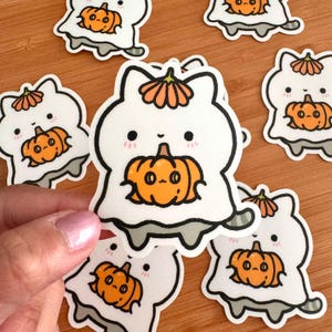 Ghost Cat with Pumpkin Sticker | Cute Spooky Halloween Sticker | Kawaii Matte Water Resistant Sticker for Laptop, Bottles, Notebooks