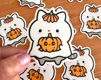 Ghost Cat with Pumpkin Sticker | Cute Spooky Halloween Sticker | Kawaii Matte Water Resistant Sticker for Laptop, Bottles, Notebooks