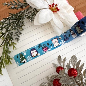 Kawaii Winter Themed Washi Tape | Cute Cozy Winter Animals Bujo Tape | Kawaii Animals Winter Scrapbooking Tape | Snowflakes and Animals Tape
