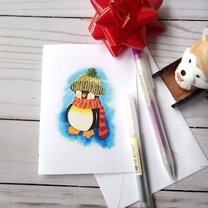 Tarjeta de felicitación de pingüino de invierno / Tarjetas de felicitación navideñas A2 / Tarjeta de felicitación de invierno A2 / Arte de acuarela / Arte de animales lindos / Amantes de los pingüinos