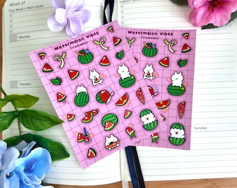 Watermelon Vibes sticker sheet | Cute watermelon fruit themed deco stickers for journaling, scrapbooking, planners