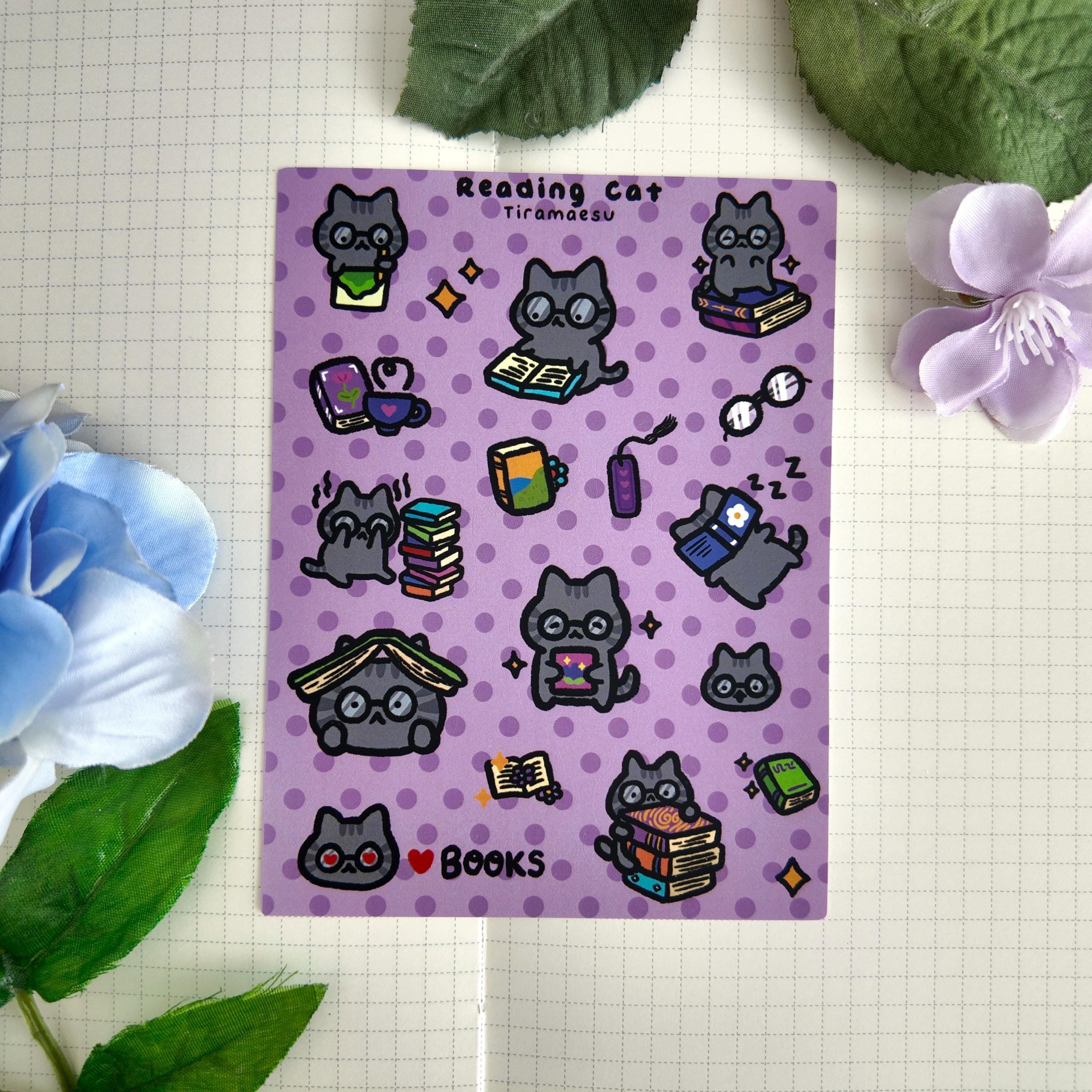 Reading Cat Sticker Sheet | Cute Bookworm Stickers | Funny Cat Stickers ...