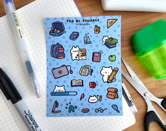 The A+ Student Sticker Sheet | Cute Back to School stickers | Funny cat stickers | Colored and Uncolored Back to School Sticker Sheet