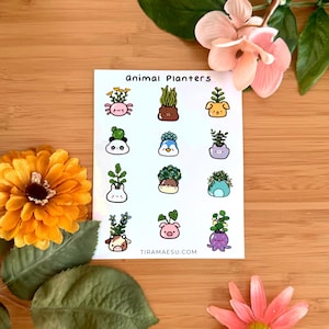 Sticker Blatt | Niedliche Tier Untersetzer Blumentopf Aufkleber | Lifestyle und Hobby Aufkleber für Bujo, Planer, Scrapbooking