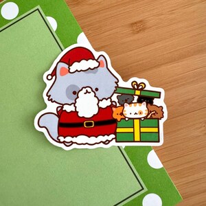 Santa Kitty 3&quot; Die Cut Sticker | Cute Cat Lovers Christmas Sticker | Cat Gift Box | Matte Waterproof Decal Sticker | Santa Cat and Kittens
