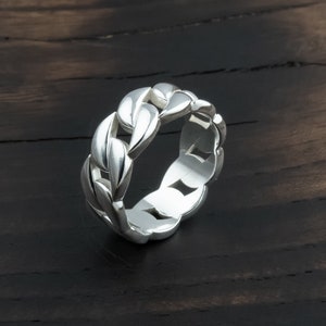 8mm Silver Cuban Link Ring - Solid .925 Sterling Silver Chain Ring, Chain Link Silver Ring Handcrafted. Unique gift. Gift for Him or Her