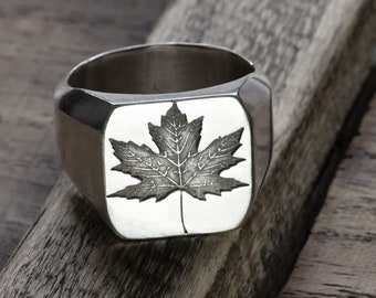 Mens Silver Maple Leaf Signet Ring, Solid 925 Sterling Silver, 16mm Wide Band, Canadian Gift, Made in Canada