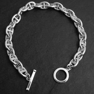 8mm Silver Anchor Chain Bracelet with a Toggle Clasp. Solid 925 Sterling Sliver Links.  Handcrafted Chain Links.