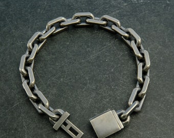 10mm Handcrafted Oxidized Solid 925 Sterling Silver Beveled Anchor Link Bracelet — Made in Canada