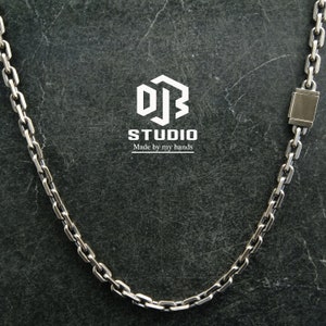 6mm Oxidized Silver Beveled Anchor/Cable Link Chain with BoxLock. Solid 925 Sterling Silver Links. Handcrafted Necklace for Men or Women
