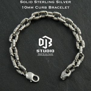 10mm Silver Curb Bracelet, Solid .925 Silver, Chunky and Strong. Unique Handcrafted Link Chain, Great Gift for Him or Her
