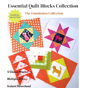 Puede incluir: Essential Quilt Blocks Collection The Foundation Collection 5 Classic Blocks Multiple Sizes Instant Download. Cuatro bloques de tela para colcha con patrones geométricos coloridos, un gato rosa, un gato oscuro, un gato amarillo y un bloque rojo con motivos de cerdos blancos.