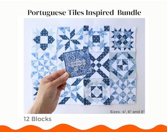 Ensemble de patrons de courtepointe à motifs de carreaux portugais (PDF) – Blocs de courtepointe en patchwork sur papier | 12 blocs | Téléchargement instantané | 3 tailles (10 cm, 15 cm et 20 cm)