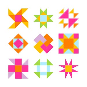 Peut inclure: Une collection de neuf motifs de blocs de courtepointe g&eacute;om&eacute;triques dispos&eacute;s en une grille de trois par trois. Chaque bloc carr&eacute; pr&eacute;sente des couleurs vives et unies, notamment rose vif, orange, vert lime, bleu clair et lavande dans diverses formes.