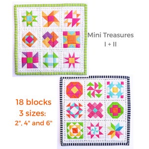 Peut inclure: Deux panneaux en tissu matelassé carré avec neuf blocs géométriques distincts chacun, aux motifs vifs roses, orange, verts et bleus sur fond blanc. Le texte indique Mini Treasures I + II, 18 blocks, 3 sizes: 5 cm, 10 cm et 15 cm.