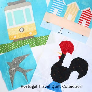 Portugal Themed Quilt Blocks Bundle PDF | FPP Pattern | Galo de Barcelos, Tram 28, Aveiro Beach Houses, and Sweet Swallow | Instant Download
