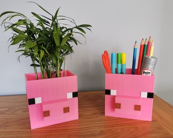 Minecraft Pig Plant Pot, Desk Top Organizer, Minecraft Gifts, Gaming Accessory, Minecraft Desk Tidy, Cute Pen Pot, Cosmetic Organizer