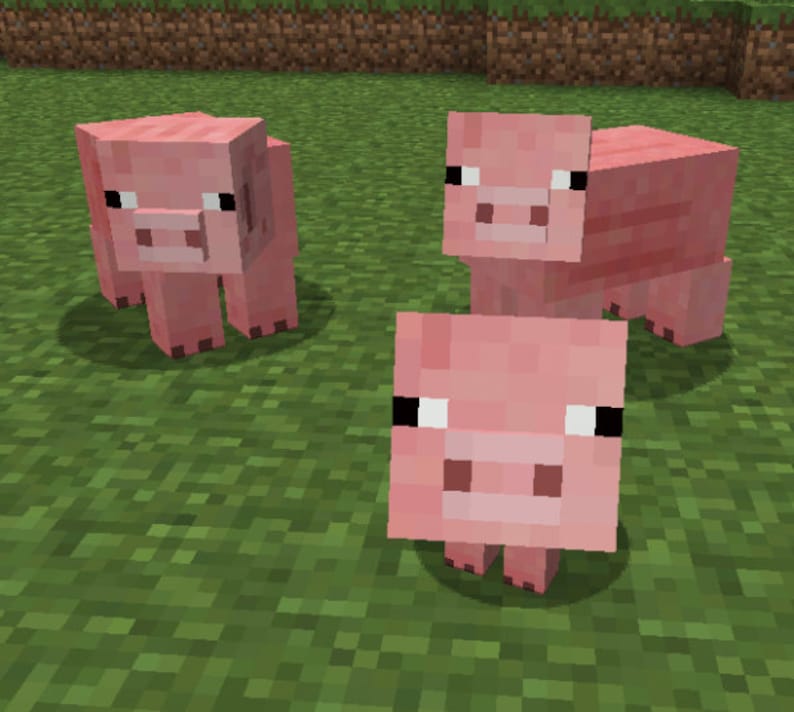 Może przedstawiać: Trzy r&oacute;żowe świnie Minecraft stojące na zielonej trawie. Świnie są zwr&oacute;cone w r&oacute;żnych kierunkach.
