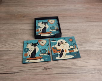 Retro Mid Century Atomic Cat & Dog Coaster Set, Kitchen Bar Decor, Housewarming Gift