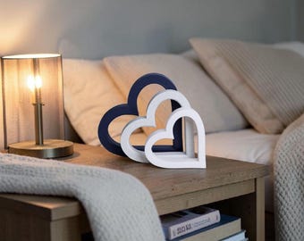 Modern Heart Ornament Trio – Navy Blue, Marble, White, Stylish Shelf Decor