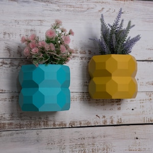 May include: Two geometric planters with different coloured flowers. The planter on the left is teal blue and the planter on the right is yellow. Both planters have a hexagonal pattern.
