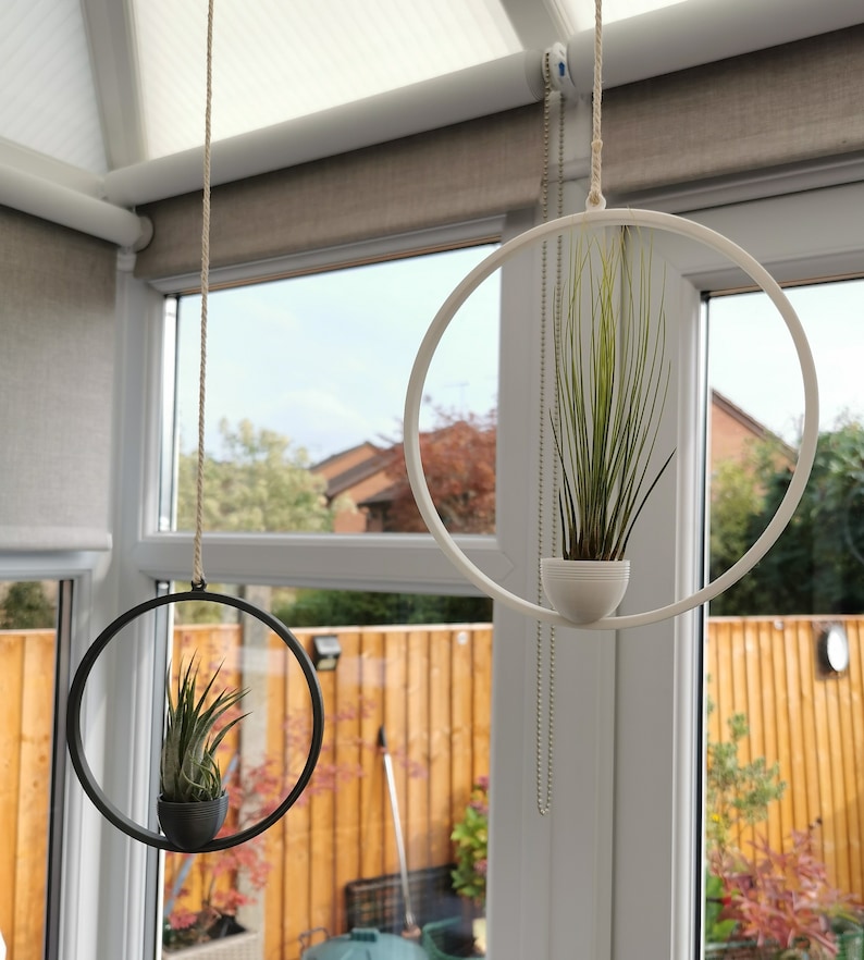 May include: Two hanging plant holders, one black and one white, with air plants inside. The holders are suspended from the ceiling by cords and chains.