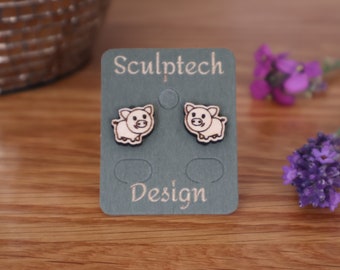 Wood Cute Piggy Earrings, Pig Studs with Hypoallergenic Posts, Cute Handmade Gift For Him/Her, Women's Earrings Gift