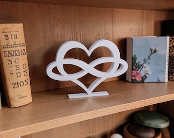 White Infinity Heart Ornament, Modern Heart Sculpture, Freestanding Shelf Decor, Romantic Couple Gift