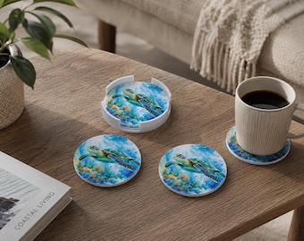 Turtle Watercolour Print Drink Coasters, Sea-Turtle Coastal Cup Coasters, Ocean-Themed Home Decor Gift