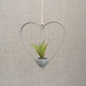 May include: A gray heart-shaped planter hangs from a white string. A small green plant is growing in the planter.