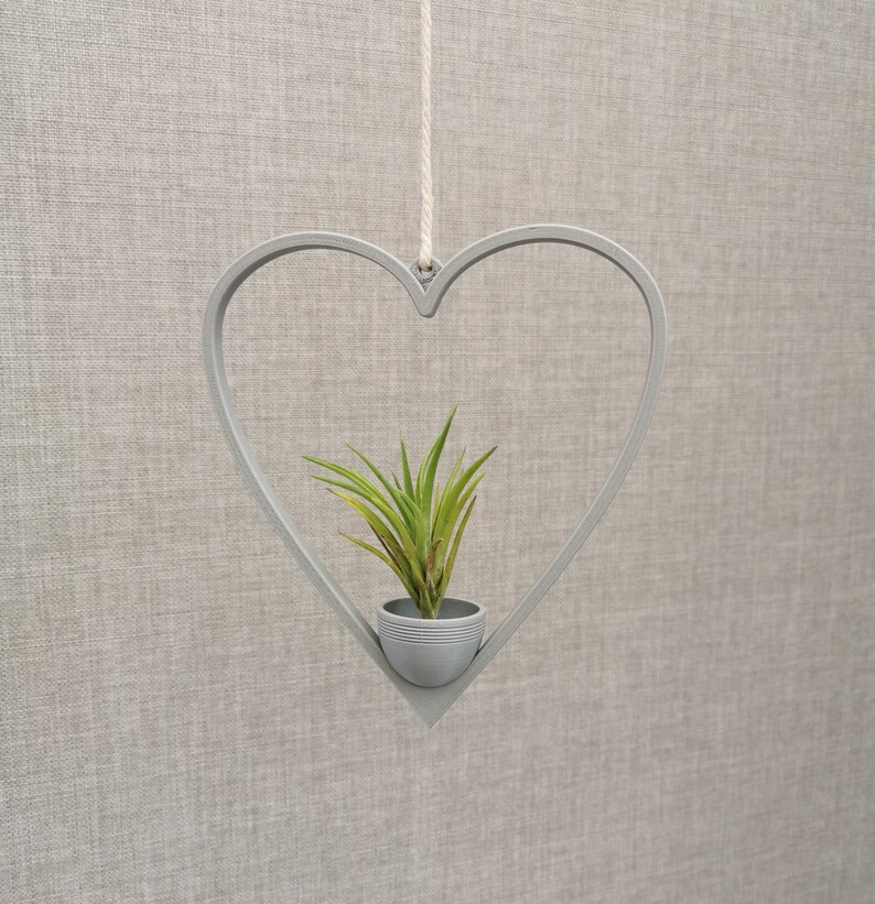 May include: A gray heart-shaped planter hangs from a white string. A small green plant is growing in the planter.