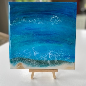 素晴らしい海の絵画樹脂アート 8x8 キャンバスパネル - ヒトデ ブルー グリーン 海 ホワイト 波 - 花嫁介添人ギフト - 海岸装飾 - ビーチ愛好家
