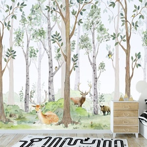 Murale con animali del bosco, murale con birra, murale con cervi, carta da parati foresta, carta da parati per foresta per bambini, tecnologia LED UV No.014