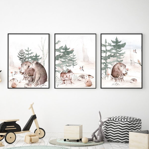 Set of 3 posters for children rooms, forest animals, hare, bear, hedgehog, squirrel for kindergarten, school MP021